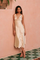 Evette Pale Yellow Satin Cowl Ruffled Handkerchief Midi Dress