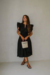 Luna Ruffle Poplin Midi Dress-Black