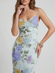 Romantic Cowl Neck Floral Chiffon Maxi Dress