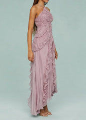 Livette - Halter Neck And Ruffles Maxi Dress