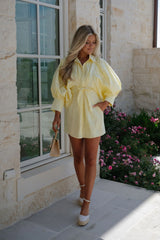 Puff Sleeve Mini Poplin Dress-Yellow